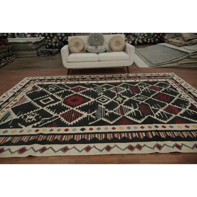 Hand Woven Oriental 100% Wool Carpet Southwestern Tribal Black Kilim Area Rug - 11' 6'' X 8' 4''