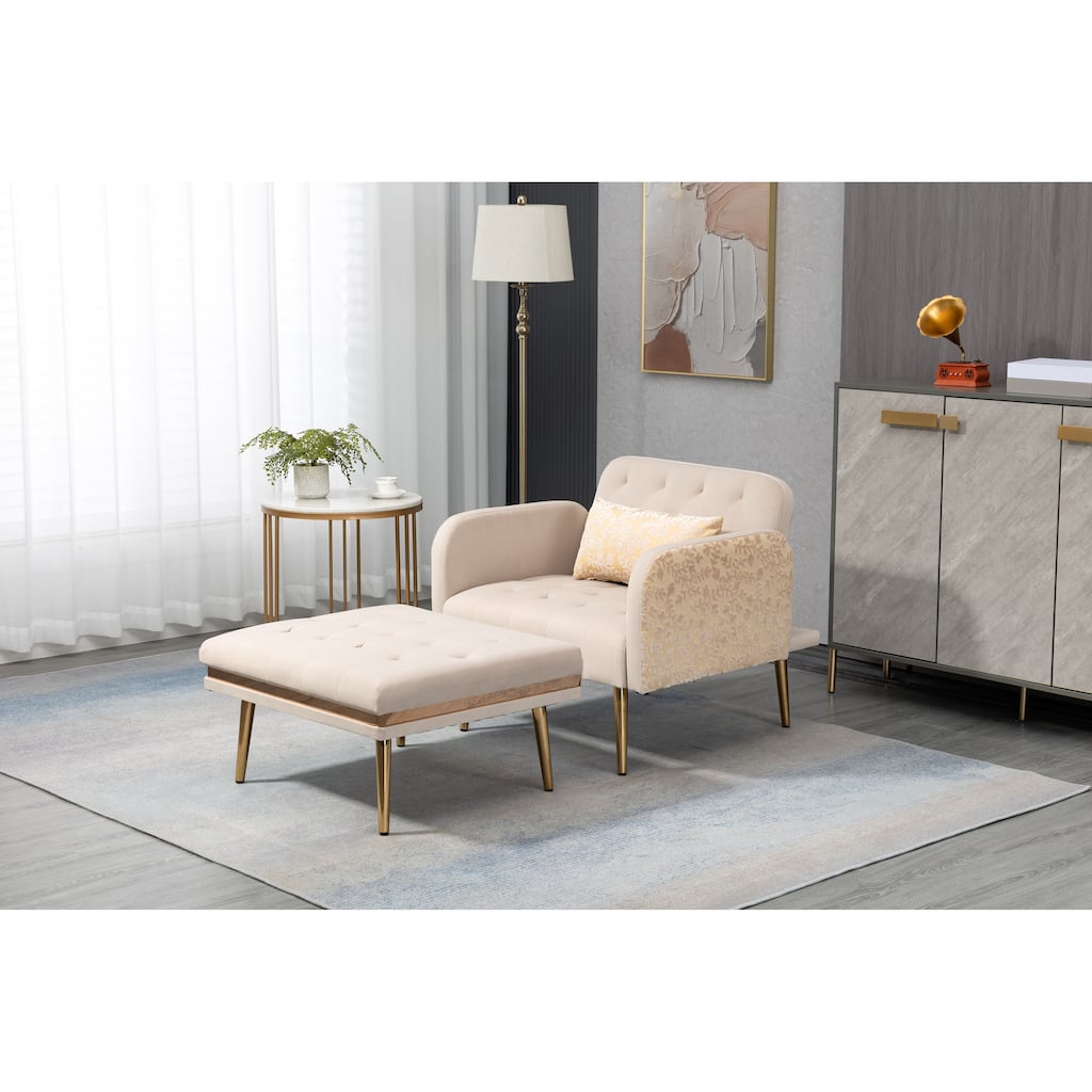 Velvet Upholstered Tufted Living Room Sleeper Chair With Ottoman