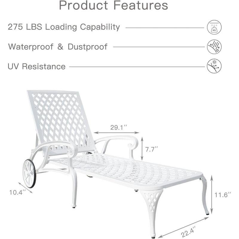 HOMEFUN Aluminum Outdoor Waterproof Chaise Lounge Chair with Adjustable Backrest and Wheels