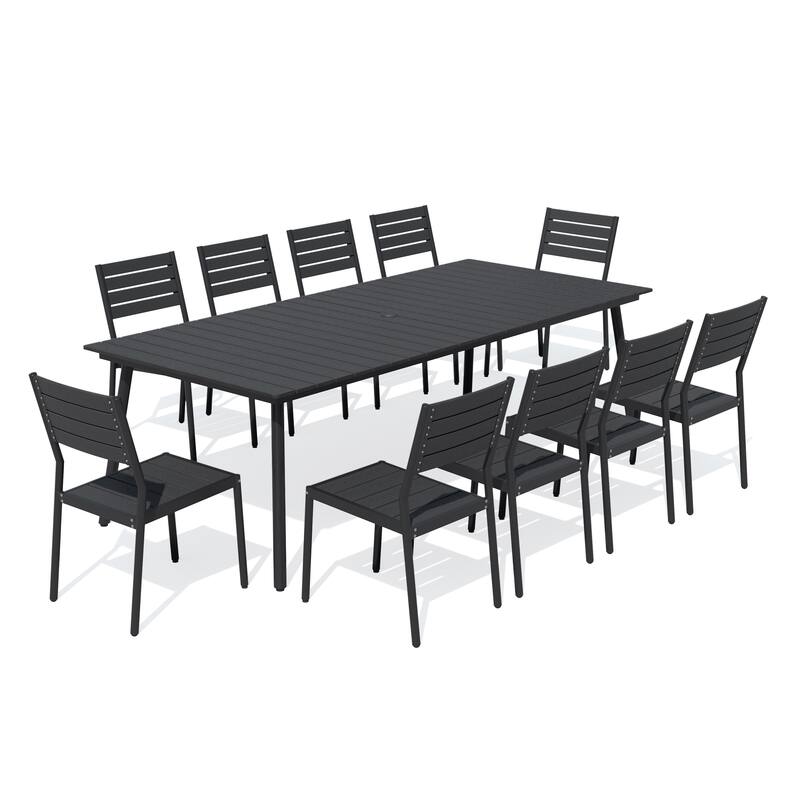 11 PCS Outdoor Rectangle Aluminum Dining Table with Umbrella Hole and 10 Stackable Chairs