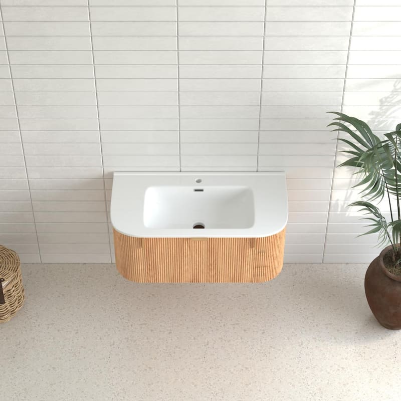 Wall-Mounted Floating Bathroom Vanity with Side Drawers,Ceramic Basin without Faucet