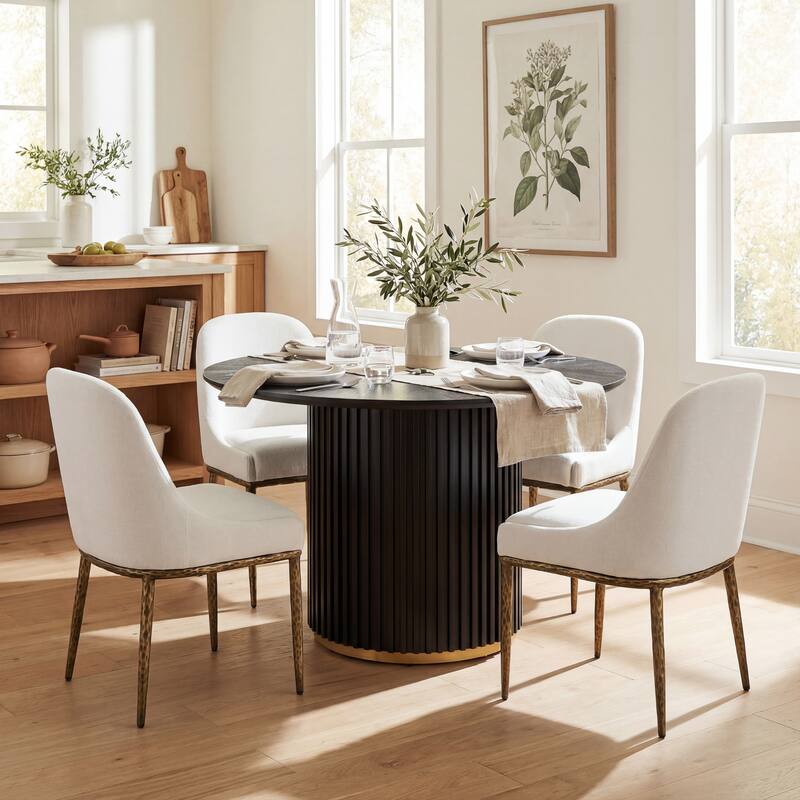 Christopher Knight Home - 5-Piece Dining Set with Metal Brass Leg Upholstered Chairs & 47.25" Round Pedestal Dining Table