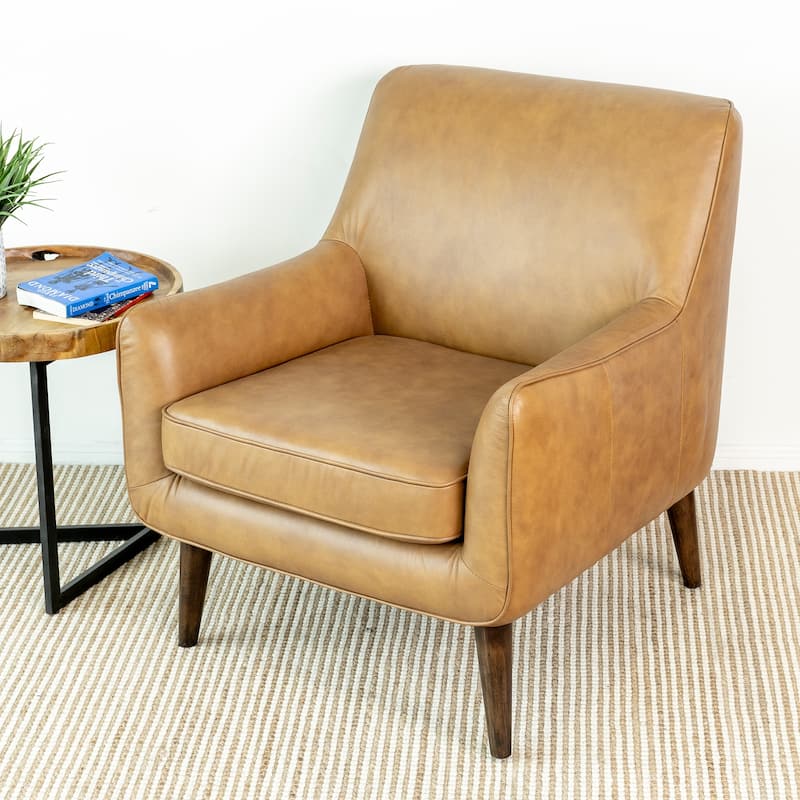 Lancelot Mid Century Modern Furniture Style Wide Top Leather Comfy Armchair - Tan