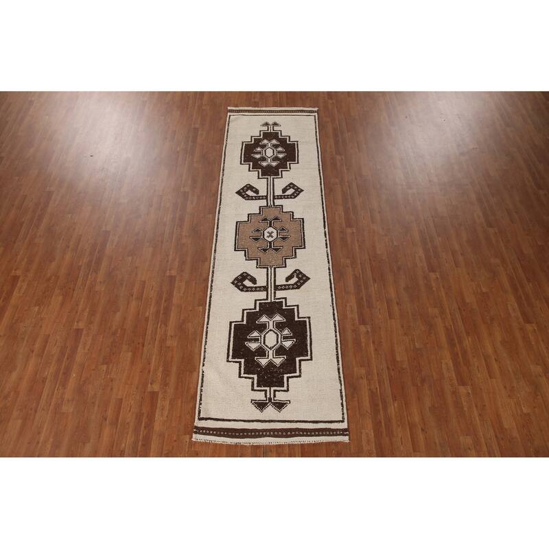 Anatolian Turkish Runner Rug Handmade Beige Tribal Wool Carpet - 3'5"x 12'3"
