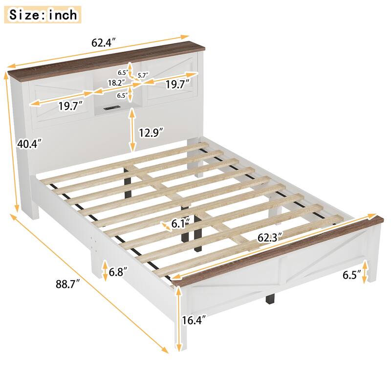 Double Sliding Barn Door Storage Headboard Wood Platform Bed Frame, Charging Station Bookcase Bed, Low Profile Bed