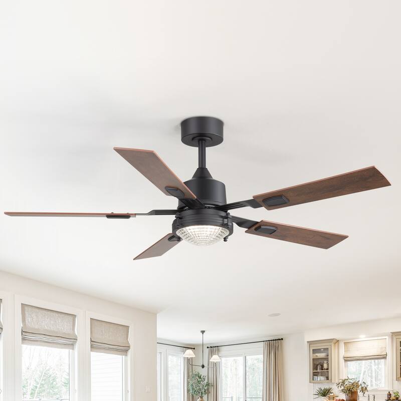 Industrial 52" Reversible 5-Blades Ceiling Fan with Remote and Light - Black with Integrated LED Light