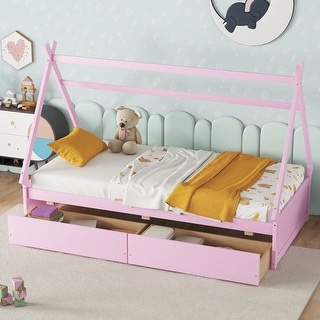 Twin Size Low House Bed with Two Drawers, Modern Wooden Platform Bed Frame with Storage for Kids, Teens, Boys, Girls, Pink