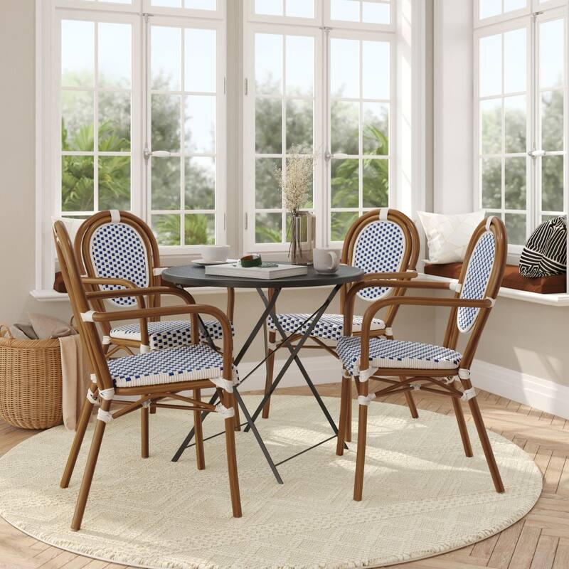 4 Pack All-Weather Commercial Paris Chairs with Arms and metal Frames - WhiteNavyNaturalFrame