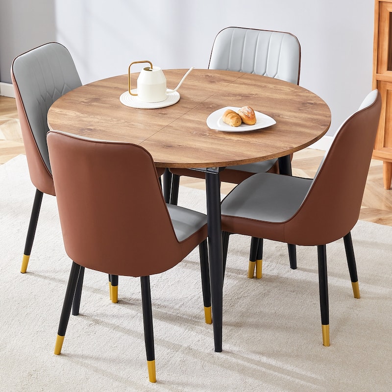 Modern Extendable Dining Table Set for 4, 5-Piece Kitchen Wooden Dining Table Set with 4 Upholstered Chairs