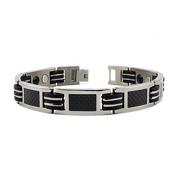 Titanium Men's Bracelet w/ Black Carbon Fiber Inlay & Magnet & Germanium 8.5 Inches