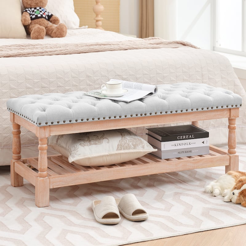 Upholstered Wood Bed Bench/Ottoman - Light Grey