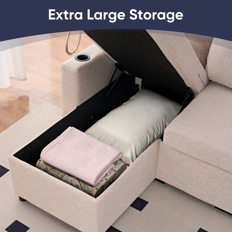 Mixoy 101"Linen 4-Seater Modular Sofa with Storage Chaise,Sleeper Sofa with Pull-out Bed