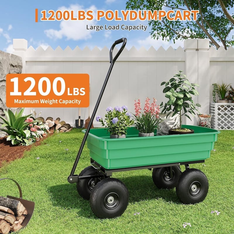 Heavy Duty Garden Dump Cart 1200lb Capacity, Yard Wagon with 180° Pivoting Handle