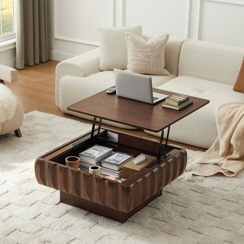 Square Lift-Top Coffee Table with Solid Wood Frame and Hidden Storage