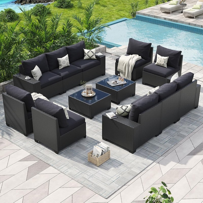 Outdoor Patio Furniture Sets with 4in Thicken Cushion - 12 pcs - Black