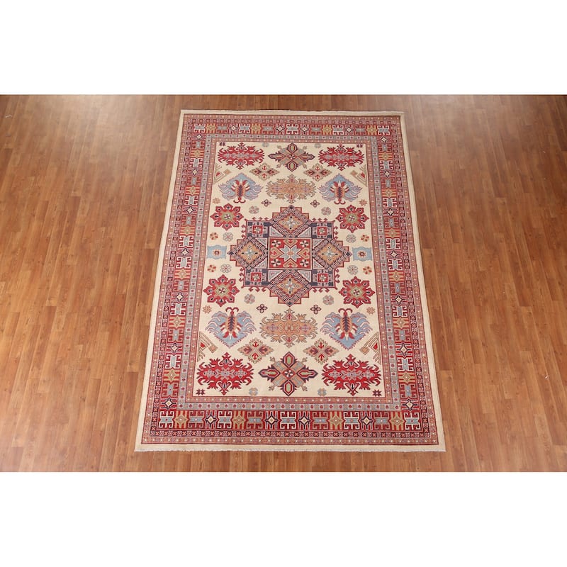 Ivory Geometric Kazak Area Rug Hand-Knotted Wool Carpet - 6'9" x 9'10"