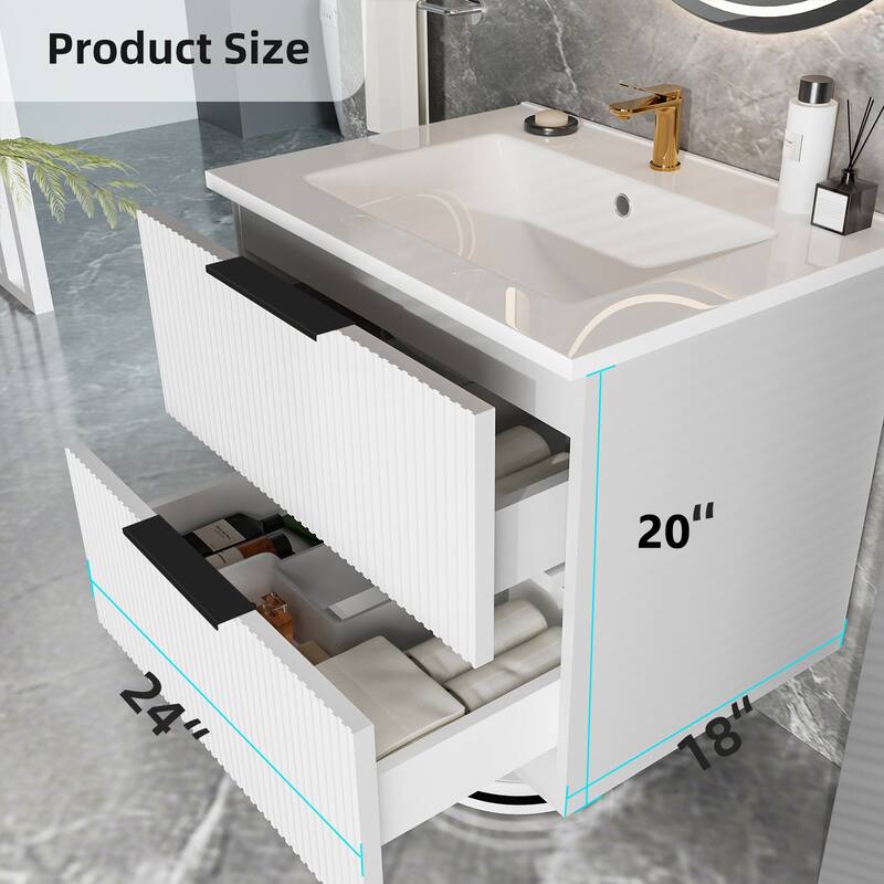 24" Floating Bathroom Vanity with Ceramic Sink - Wall Mounted Fluted Vanity Cabinet with Drawers, for Small Bathrooms