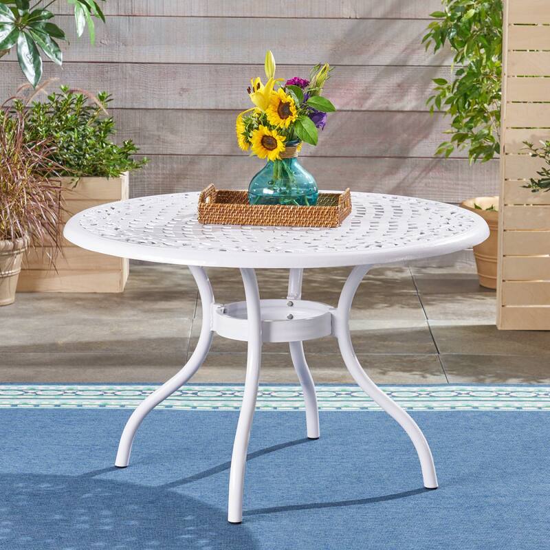 Roomfitters 48in Outdoor Round Dining Table Cast Aluminum Patio Garden Table with Decorative Lattice Top - White