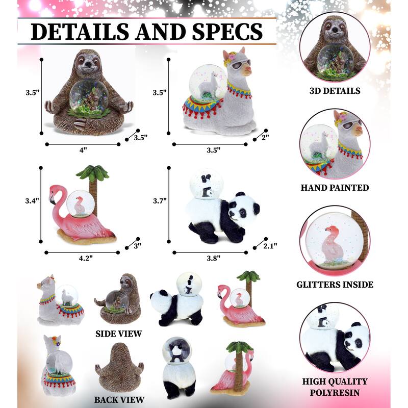 CoTa Global Sloth, Llama, Flamingo, Panda Snow Globe Set of 4 - 45mm