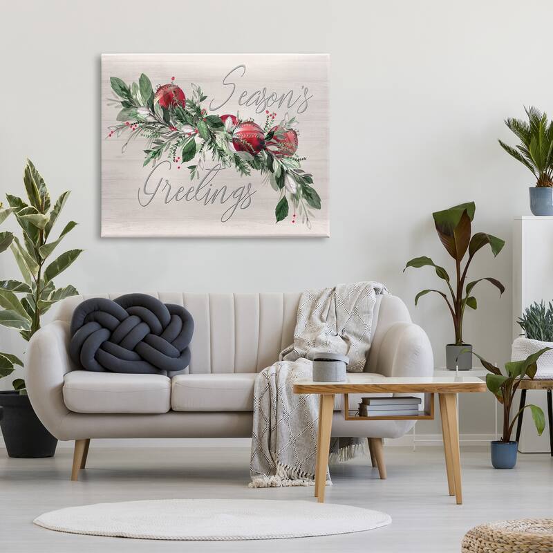 Stupell Festive Red Ornaments Winter Holly Season's Greetings Canvas Wall Art - Grey