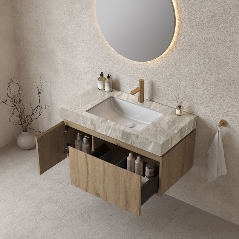 30"/36"/48" Wall-Mounted Bathroom Vanity with Ceramic Sink, Sintered Stone Countertop Floating Bathroom Storage Cabinet