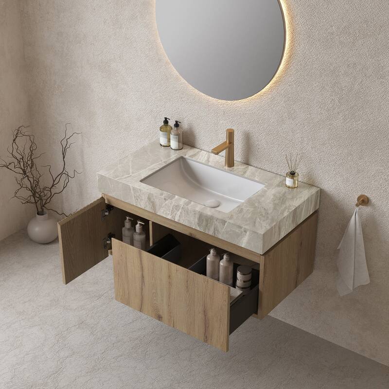 GDFStudio - Muri 36" Floating Bathroom Vanity with Light Gray Sintered Stone Countertop & Basin, WITHOUT Faucet