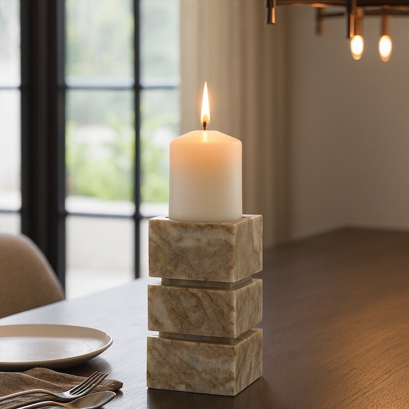 Modern Onyx Marble Stacked Cubes Candle Holder - Ivory & Tan