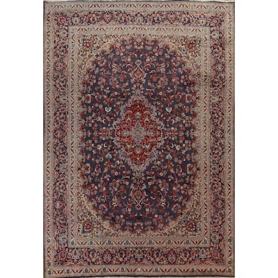 Vintage Floral Traditional Mashad Persian Wool Area Rug Hand-knotted - 9'6" x 13'1"