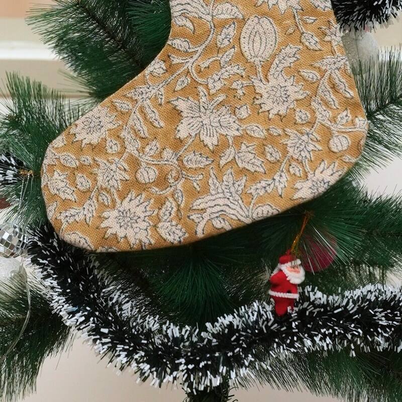 Fabdivine Handmade Floral Christmas Stockings Linen Block Print Décor - 10"X4.5" - Manikarnika- Mustard - Christmas Stockings
