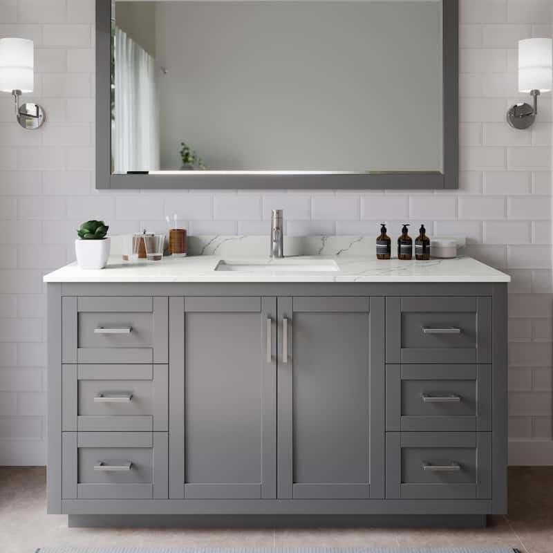 Wyndham Collection WCF292960S-QTZ-UNSM58 Miranda 60" Free Standing - Dark Gray / Giotto Quartz Top / Brushed Nickel