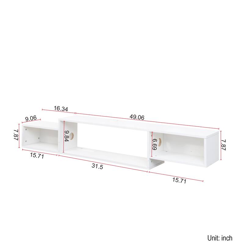 Modern Wall-Mounted Floating TV Stand with 20 Color LEDs and Charging Stations, for Living Room, White.