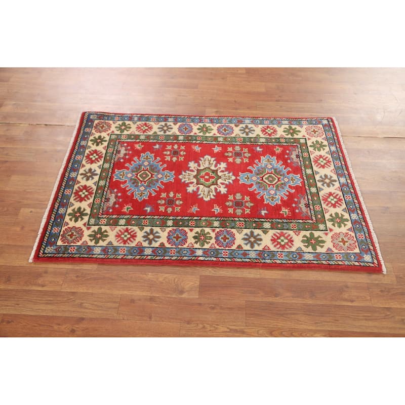 Geometric Red Kazak Accent Rug Handmade Wool Carpet - 2'9" x 3'11"