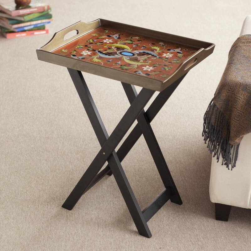 Reverse painted glass folding tray table, 'Scarlet Delight'