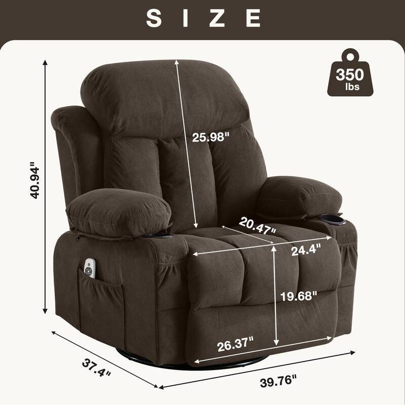 Rocker Recliner Chair with Heat & Massage, Swivel Recliner with USB and 2 Cup Holders, Ergonomic Single Lounge Sofa