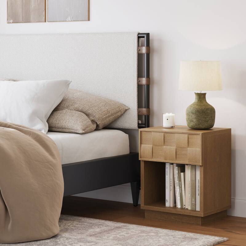 Paige Mid Century Modern Nightstand with 1 Drawer, Rustic Bedside Table with Sculpted Drawer Front and Open Bottom Shelf