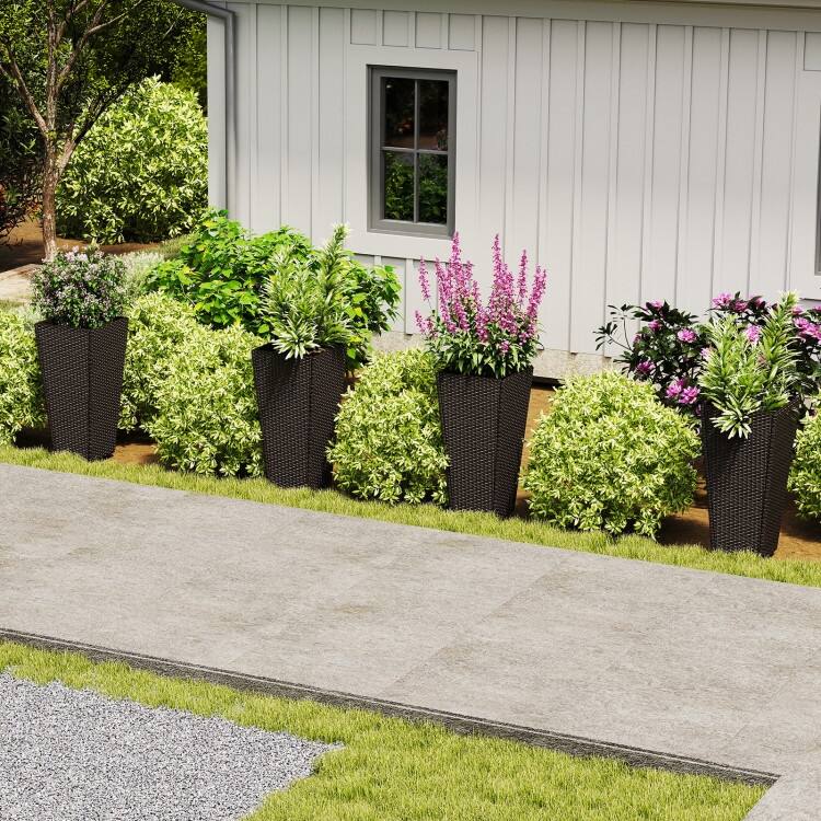 Mix Brown PE Rattan Metal Tall Planter Set of 2 with Drainage and Liner for Patio - 15" x 15" x 30" (L x W x H)