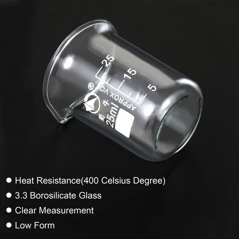 25ml Low Form Glass Beaker, 3.3 Borosilicate Lab Measuring Cups - Clear