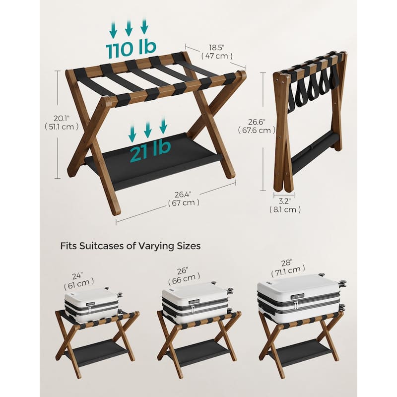 Wicker Luggage Rack with Nylon Support Straps and Storage Shelf Foldable Travel Suitcase Stand