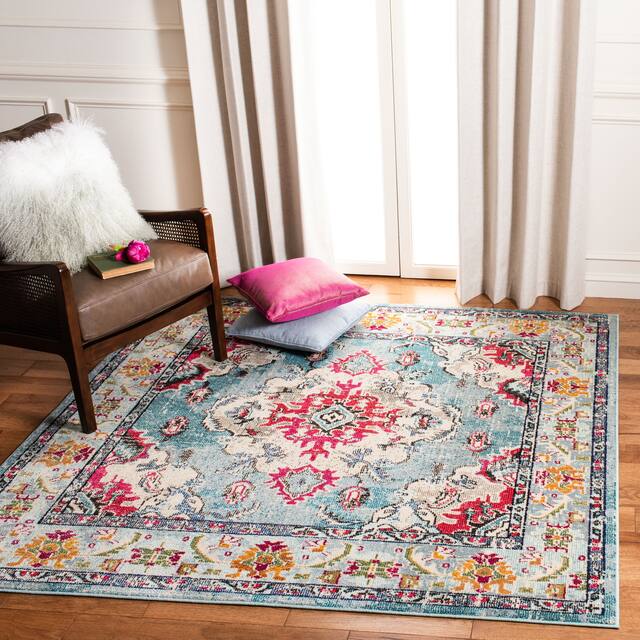 SAFAVIEH Monaco Lillie Boho Medallion Distressed Area Rug - 9' x 9' Square - Light Blue/Fuchsia