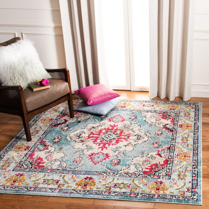 SAFAVIEH Monaco Oceane Boho Medallion Distressed Area Rug - 9' Square - Light Blue/Fuchsia