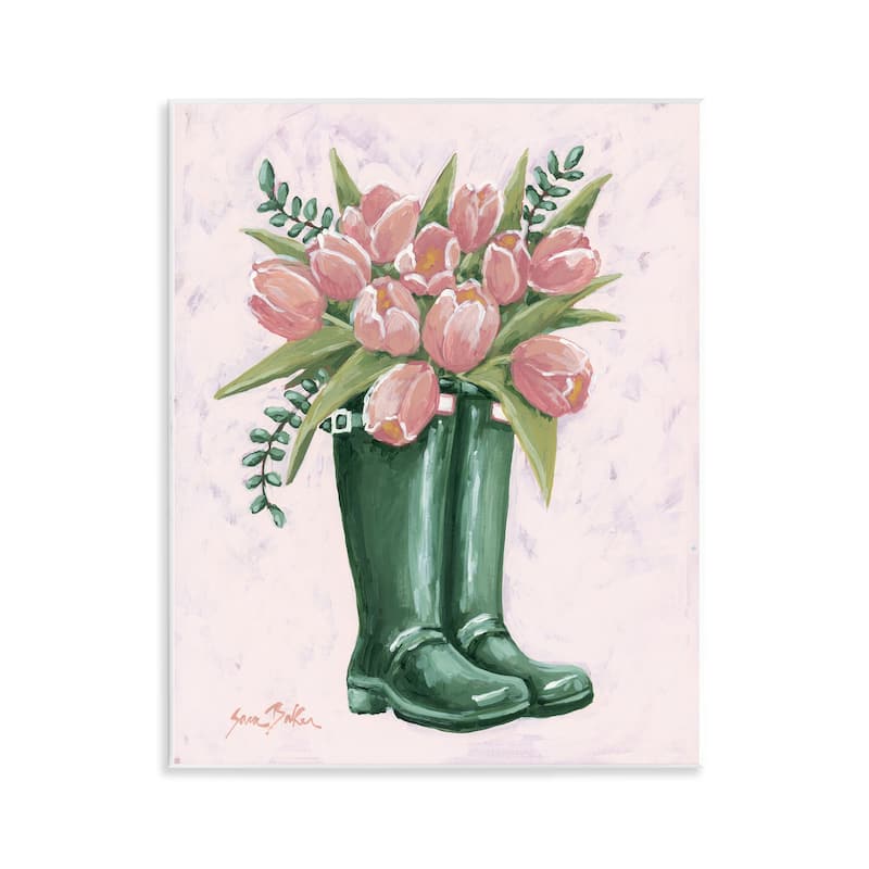 Stupell Pink Tulips in Boots Wall Plaque Art Design By Sara Baker - 11 x 14