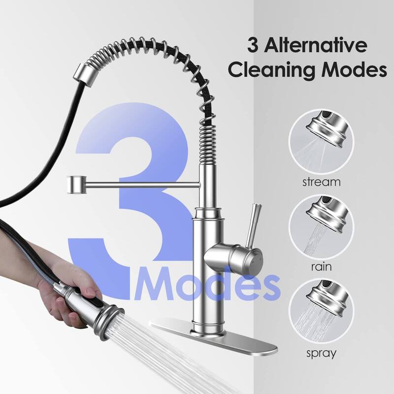 Single Handle 3 Function Modes Brushed Nickel Kitchen Sink Faucet with Pull Down Sprayer Kitchen Faucet with Deck Plate