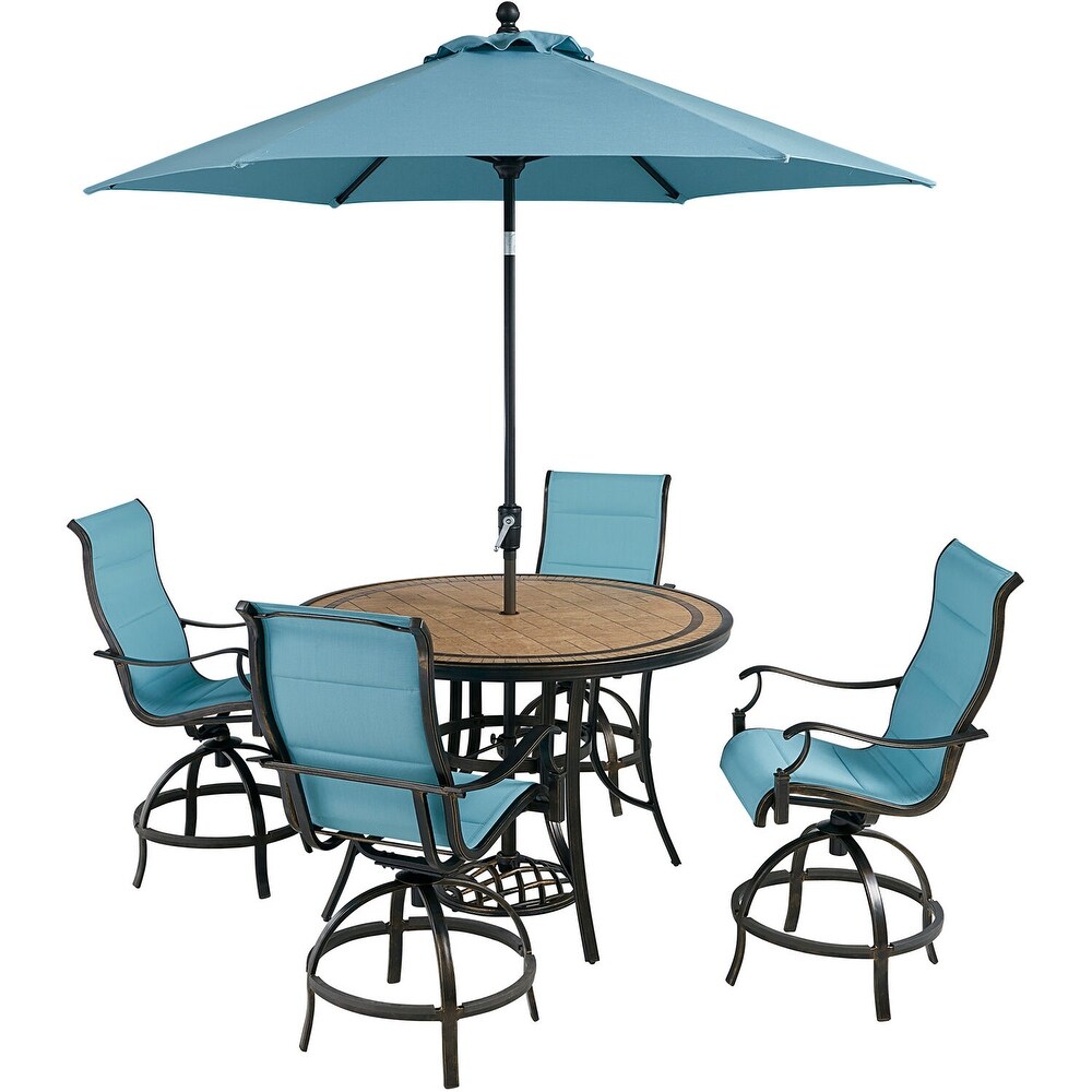 blue patio dining set with umbrella