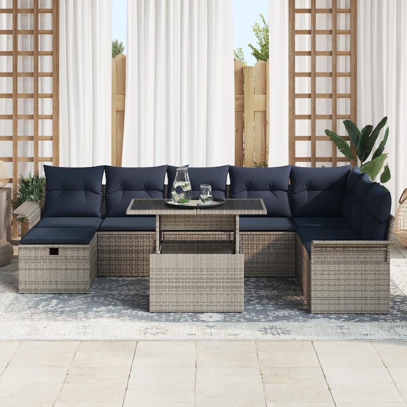 vidaXL 9 Garden Sofa Set with Cushions Black/Brown/Grey Poly Rattan - 117.1 x 73.8 x 27.2