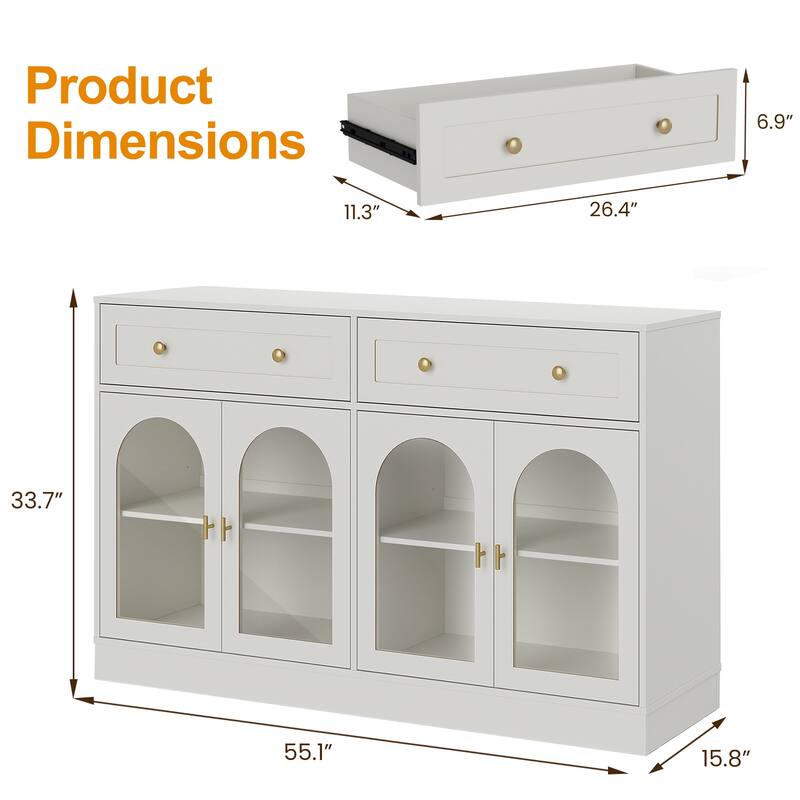 Wide Sideboard Buffet with 2 Drawers & 4 Doors