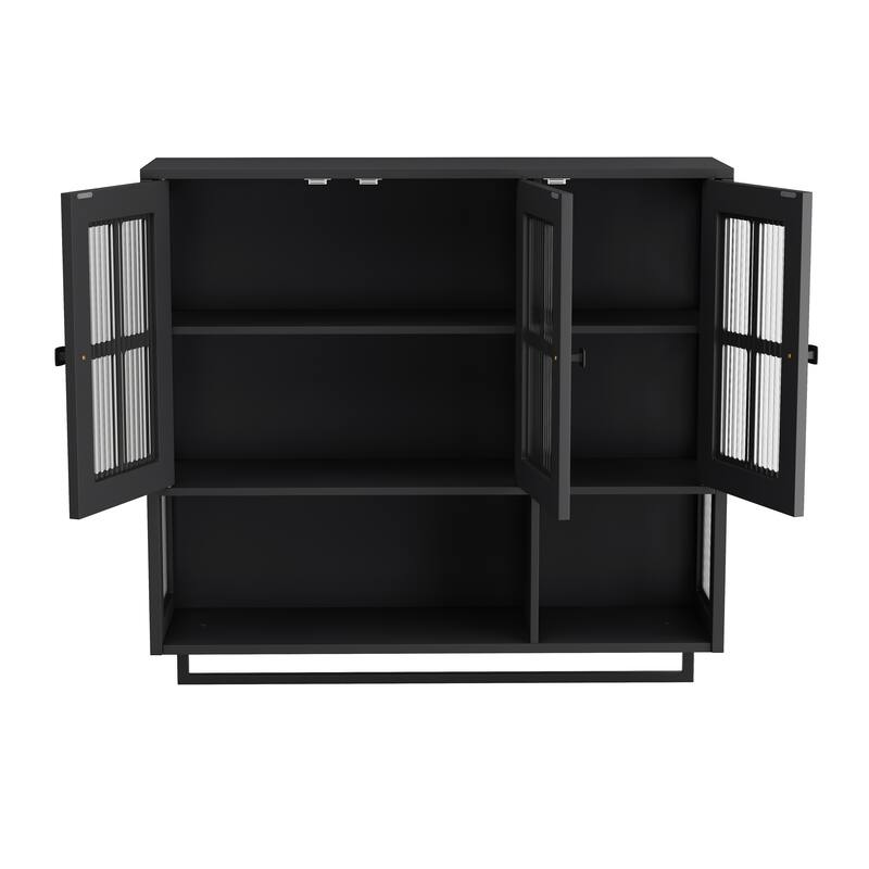 Bathroom Wall Cabinet,3-Door Wooden Cabinet with Open and Hidden Storage Space,Medicine Cabinet with Glass Door and Towel Bar