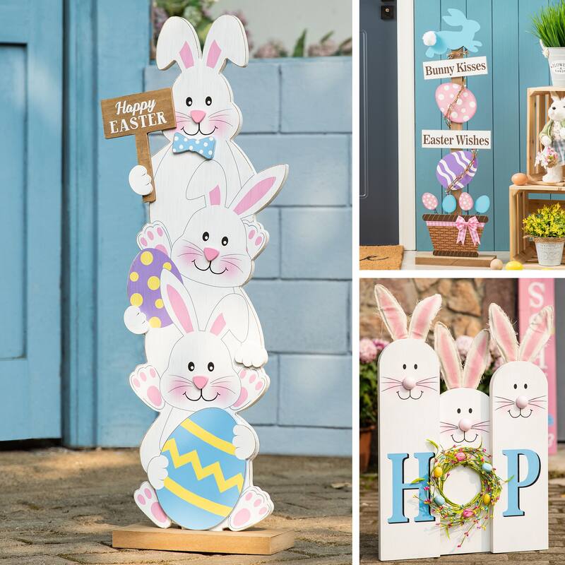 Glitzhome Wooden Happy Easter Bunny Eggs Porch Sign Standing Decor Spring Gift