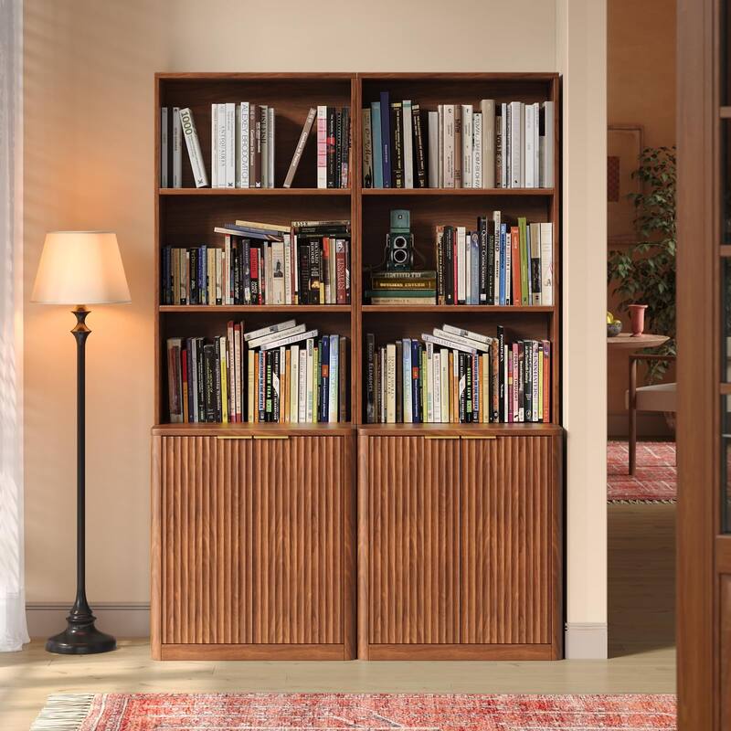 71" Walnut Bookcase with Doors Set of 2, 5 Tier Fluted Tall Bookshelf with Storage