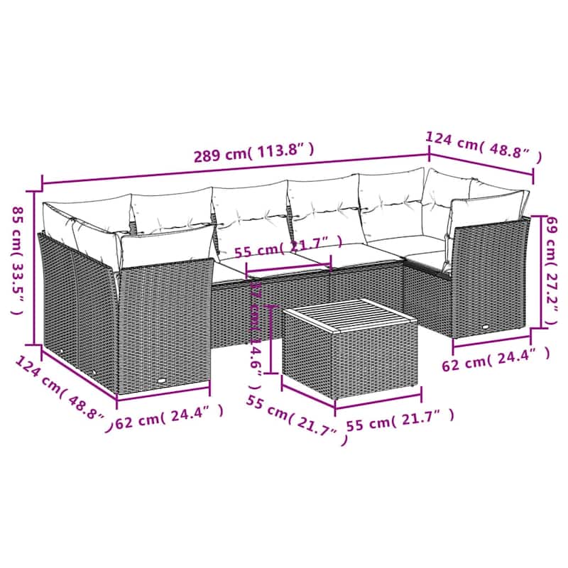 vidaXL 8 Piece Patio Sofa Set with Cushions Gray Poly Rattan - 24.4" x 24.4" x 27.2"