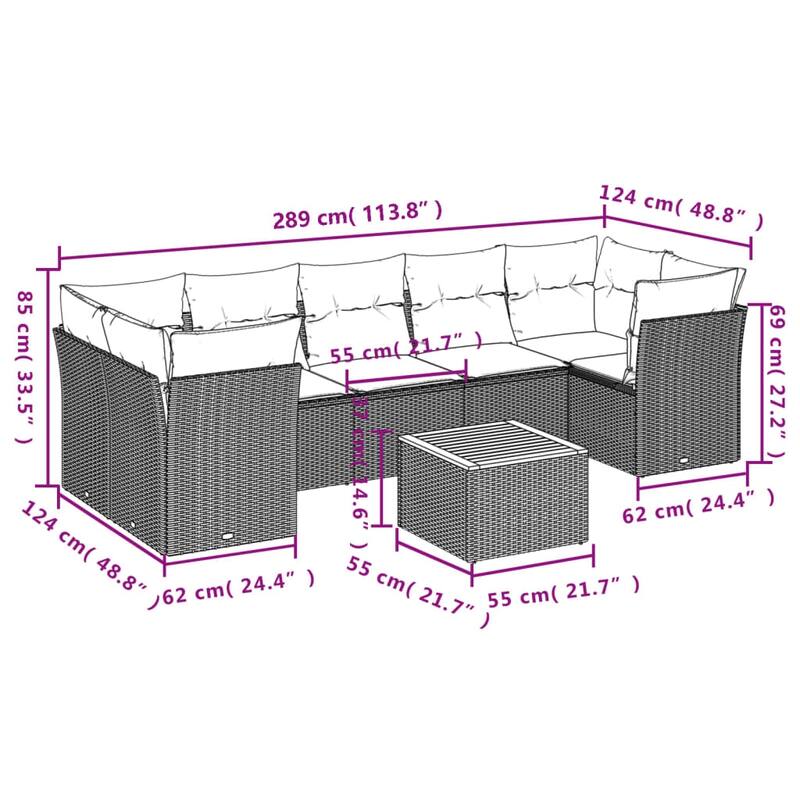 vidaXL Patio Sofa Set with Cushions Outdoor Furniture 8 Piece Poly Rattan - 21.7 x 21.7 x 14.6